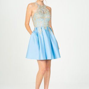 Halter Neck A-Line Lace Bodice Dress JT8019